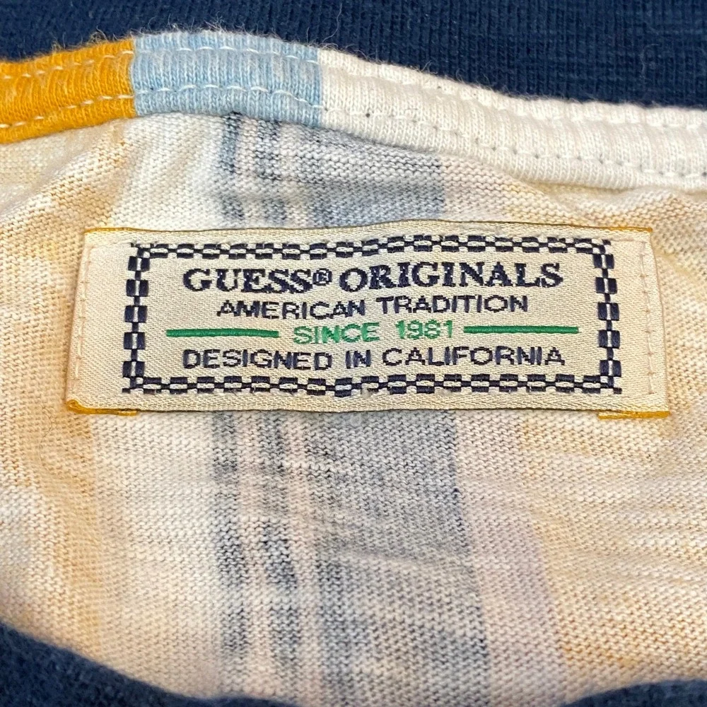 Guess Originals Los Angeles Striped T-Shirt Mens Medium Yellow Blue M91P98R5DD5 - Picture 3 of 9